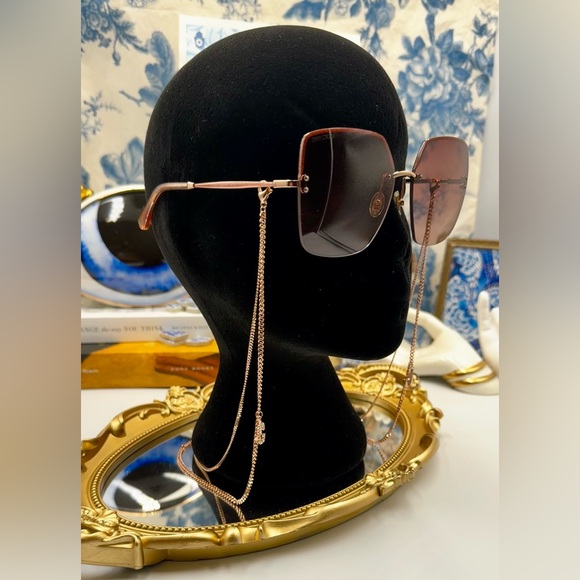 🆕 JIMMY CHOO 🧿 NWOT TAVI DDB3X Oversized Square Sunglasses Gold Copper w Chain - Picture 6 of 16